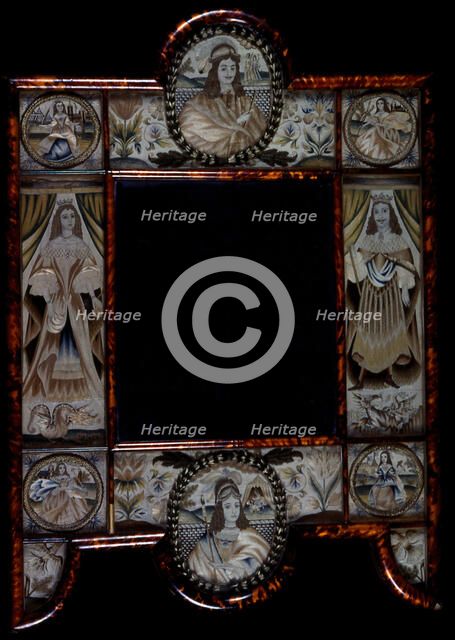 Mirror Showing King Charles II, Queen Catherine of Braganza, and Scenes from the Old Testament... Creator: Unknown.