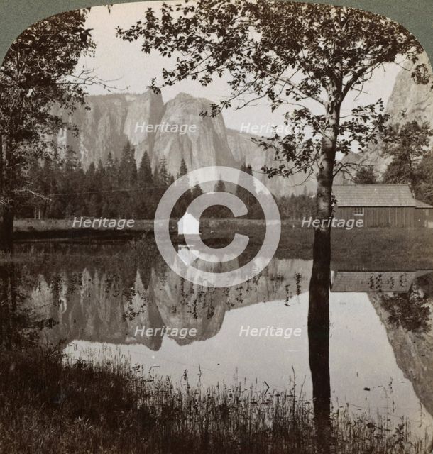 Mirror view of Cathedral Rocks, Yosemite Valley, California, USA, 1902.  Artist: Underwood & Underwood