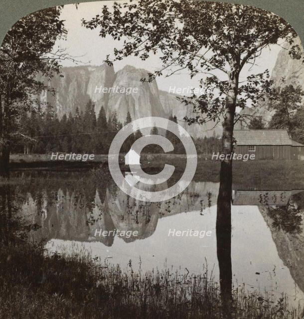 Mirror view of Cathedral Rocks, Yosemite Valley, California, USA, 1902.  Artist: Underwood & Underwood