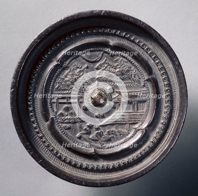 Mirror with a Tortoise Knob and Magpies, early 17th - mid 19th century. Creator: Unknown.