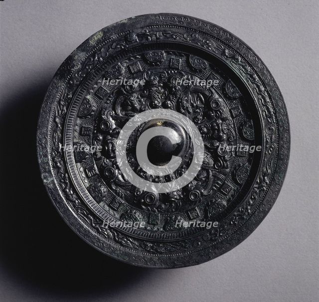 Mirror with Deities and Animals Surrounded by Rings of Squares..., late 2nd-early 3rd century. Creator: Unknown.