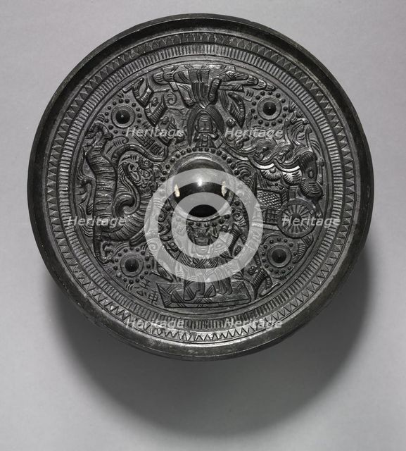 Mirror with Deities, Chariot, and the White Tiger, 100-200. Creator: Unknown.
