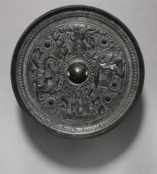 Mirror with Deities, Chariot, and the White Tiger, 100-200. Creator: Unknown