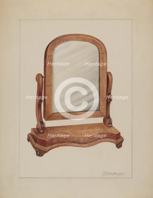 Mirror with Wood Base, c. 1937. Creator: Thomas Holloway.