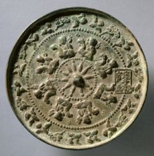 Mirror with Wheel Spokes and Riding Boys, c.1196-1234. Creator: Unknown