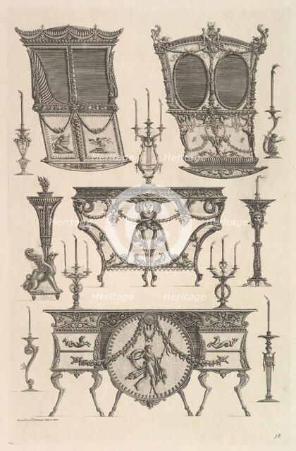 Miscellaneous furniture including two sedan chairs, a side table and a commode (Deux c..., ca. 1769. Creator: Giovanni Battista Piranesi.