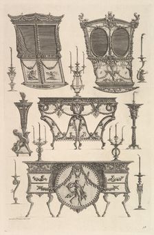 Miscellaneous furniture including two sedan chairs, a side table and a commode (Deux c..., ca. 1769. Creator: Giovanni Battista Piranesi