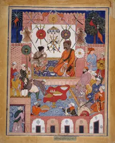 Misbah the Grocer Brings the Spy Parran to his House, Folio from a Hamzanama..., ca. 1570. Creator: Attributed to Dasavanta