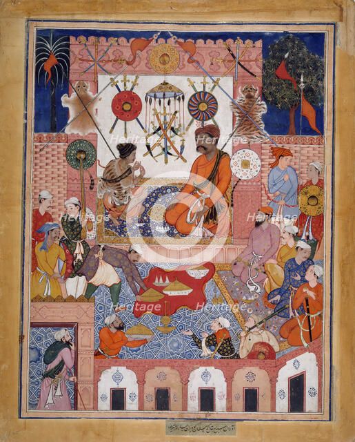 Misbah the Grocer Brings the Spy Parran to his House, Folio from a Hamzanama..., ca. 1570. Creator: Attributed to Dasavanta.