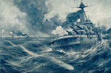 Missed! U Boat's Torpedo Passes Beyond the Stern of British War Vessel 1916. Creator: Unknown