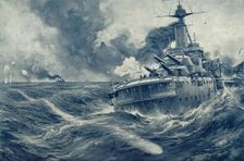 Missed! U Boat's Torpedo Passes Beyond the Stern of British War Vessel 1916. Creator: Unknown