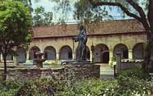 Mission San Fernando and Father Junipero Serra statue, Los Angeles, California, USA, 1956