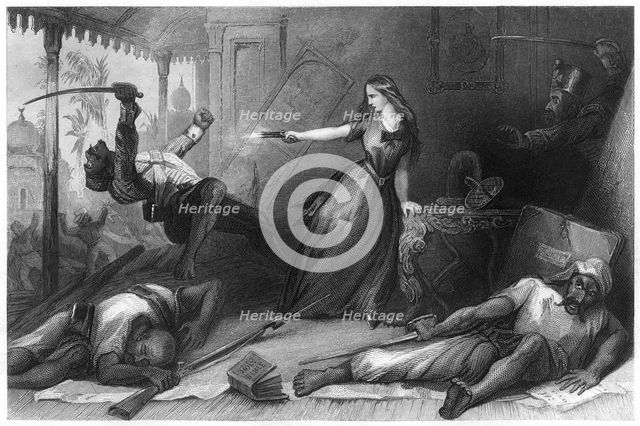'Miss Wheeler defending herself against the Sepoys at Cawnpore', 1857, (c1860). Artist: Unknown