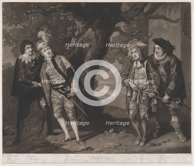 Miss Younge, Mr. Dodd, Mr. Love, and Mr. Waldron, in the Characters of Viola, Sir..., March 1, 1774. Creator: John Raphael Smith.