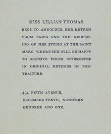 Miss Lillian Thomas begs to announce her return from Paris . . ., c1900. Creator: Unknown