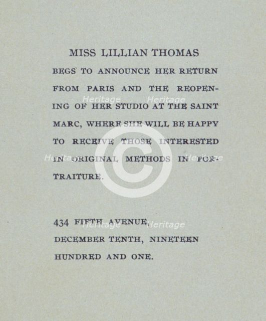 Miss Lillian Thomas begs to announce her return from Paris . . ., c1900. Creator: Unknown.