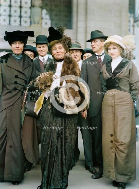 Miss Lucy Burns of C.U.W.S. - Left, with Mrs. Emmeline Pankhurst, 1913. Creator: Harris & Ewing.