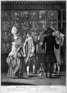 Miss Macaroni and her gallant at a print shop 1773. Artist: John Raphael Smith