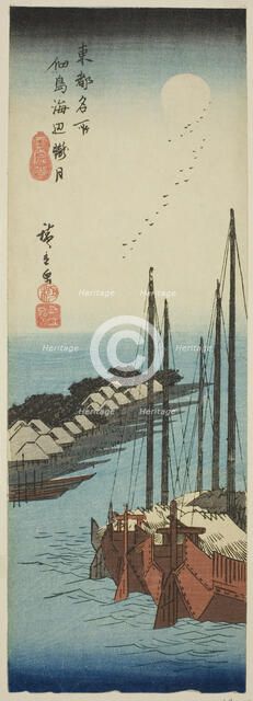 Misty Moonlight on the Shore at Tsukuda Island (Tsukudajima kaihen oborozuki), from..., c. 1835/38. Creator: Ando Hiroshige.