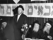 MJ Gross speaking at an Agudist 50th Anniversary dinner, London, 1963. Creator: Unknown