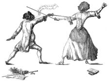Mlle la Chevaliere d'Eon de Beaumont fencing at Carlton House, 9th April 1787