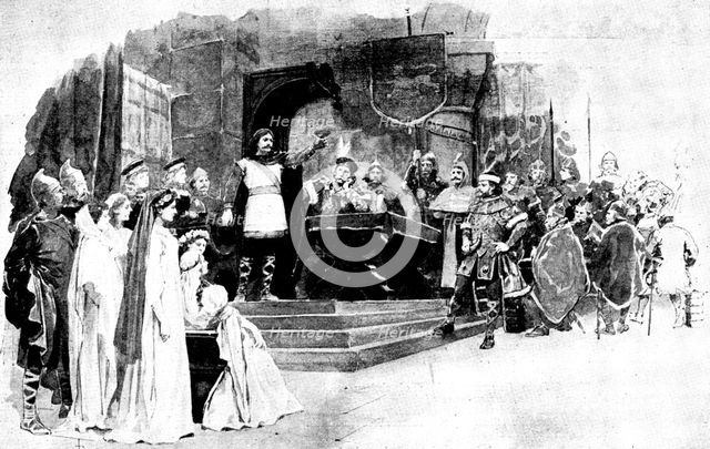 Mr. Cowen's new opera, "Harold": Duke William - Thanks for thy song, fair lady..., 1895. Creator: George Meisenbach.