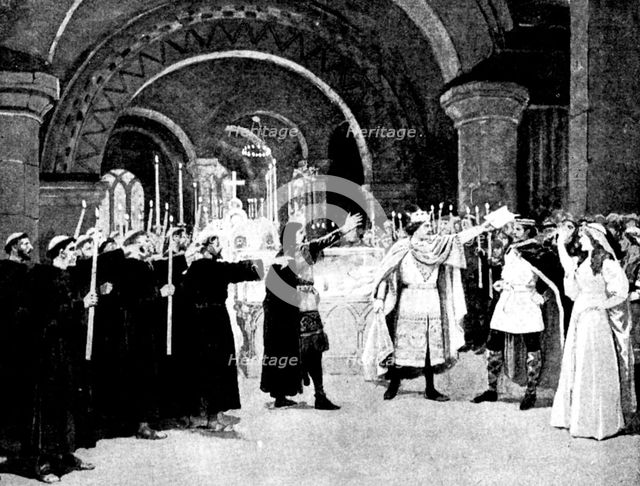 Mr. Cowen's new opera, "Harold": Harold swearing on the bones of a saint..., 1895. Creator: George Meisenbach.