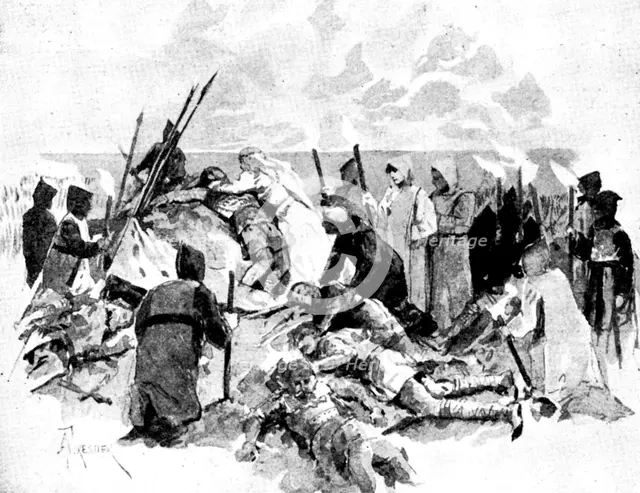 Mr. Cowen's new opera, "Harold": the discovery of Harold's body on the battlefield of Hastings, 1895 Creator: George Meisenbach.