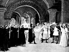 Mr. Cowen's new opera, "Harold": Harold swearing on the bones of a saint..., 1895. Creator: George Meisenbach