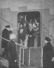 Mr. Churchill gives the V-Sign to cheering members of the ship's crew 1943-1944