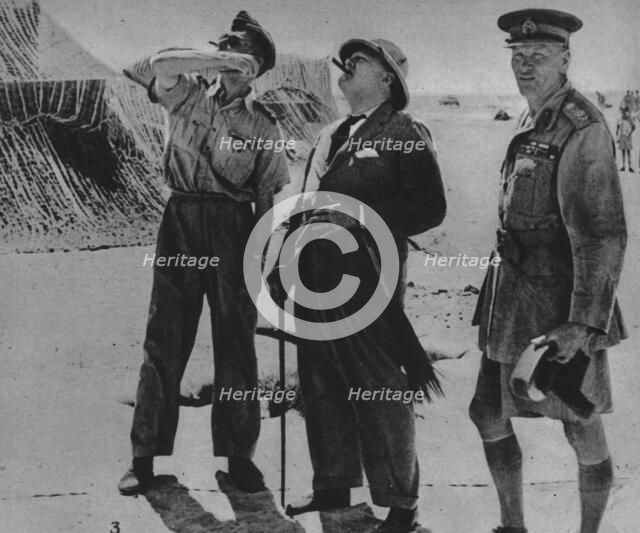 'Mr. Churchill with Sir A. Tedder and Gen. Auchinleck.', 1942. Artist: Unknown.