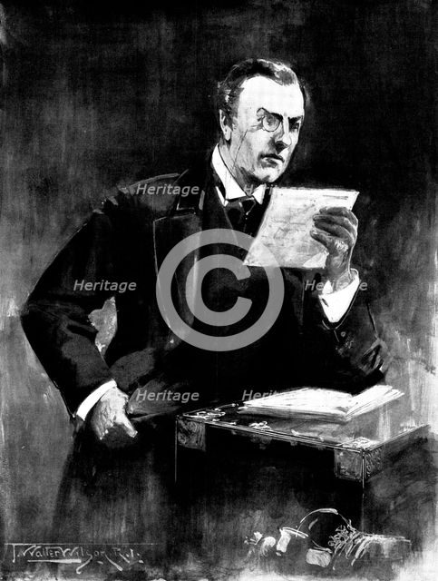 Mr. Chamberlain, Secretary of State for the Colonies, reading the telegrams from West Africa, 1898. Creator: Unknown.