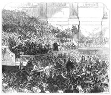 Mr. Bright speaking at the Townhall, Birmingham, 1870. Creator: C J R