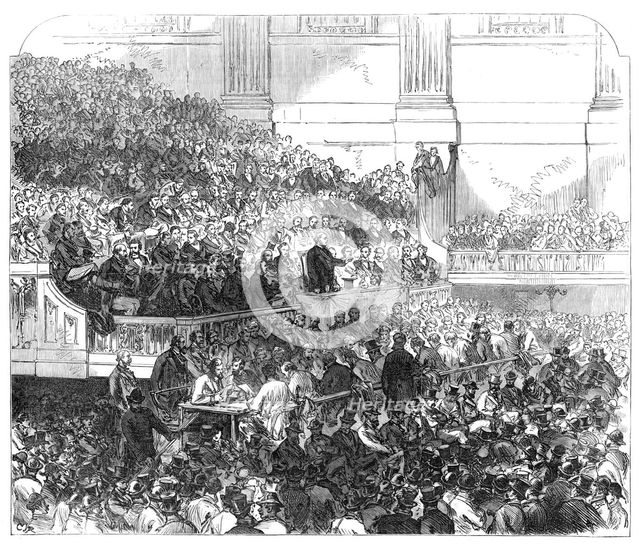 Mr. Bright speaking at the Townhall, Birmingham, 1870. Creator: C J R.