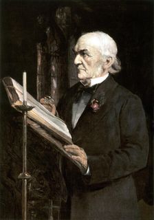 Mr Gladstone reading the lessons in Hawarden Church late 19th century.Artist: Sydney Prior Hall