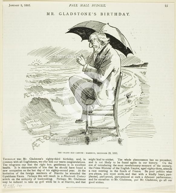 Mr. Gladstone's Birthday, from the Pall Mall Budget, 1893. Creator: Unknown.