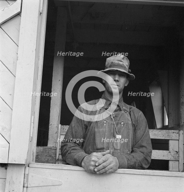 Mr. Granger, seen in doorway of his new barn, Yamhill County, Willamette Valley, Oregon, 1939. Creator: Dorothea Lange.