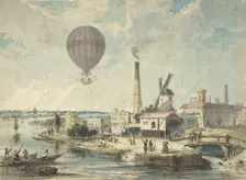 Mr. Green in the Albion Balloon, Having Ascended from Vauxhall Gardens, August 12,1842. Creator: Anon