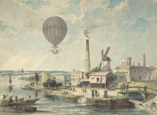 Mr. Green in the Albion Balloon, Having Ascended from Vauxhall Gardens, August 12,1842. Creator: Anon