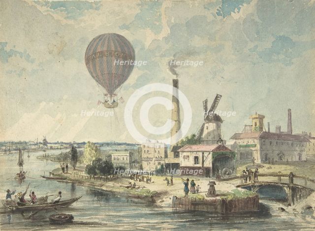 Mr. Green in the Albion Balloon, Having Ascended from Vauxhall Gardens, August 12,1842.  Creator: Anon.