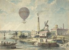 Mr. Green in the Albion Balloon, Having Ascended from Vauxhall Gardens, August 12,1842. Creator: Anon