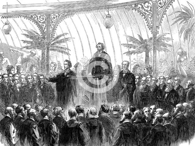 Mr. Disraeli delivering his installation address as Lord Rector of Glasgow University, 1873. Creator: Unknown.