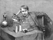 'Mr.Edison's new Phonograph-Mr. Edison in his Laboratory receiving the first Phonograph from Englan Creator: Unknown