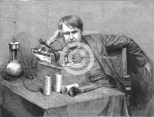 ''Mr.Edison's new Phonograph-Mr. Edison in his Laboratory receiving the first Phonograph from Englan Creator: Unknown.