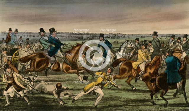 'Mr. Jorrocks makes his Entrée into the Newmarket Betting-ring', 1838. Artist: Henry Thomas Alken.