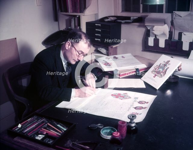 Mr. Lovegrove, Registrar's Clerk, engrossing a document, College of Arms, London, c1953.  Creator: Arthur Charles Kirby Ware.