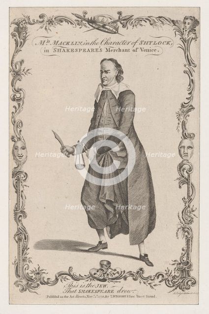 Mr. Macklin in the Character of Shylock, in Shakespeare's The Merchant of Venice, 1775. Creator: John Lodge.