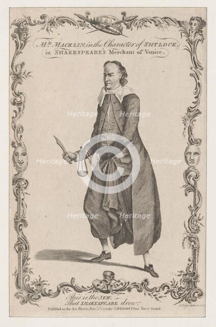 Mr. Macklin in the Character of Shylock, in Shakespeare's The Merchant of Venice, 1775. Creator: John Lodge.
