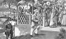 'Mr. Stanley's Arrival at Cairo--Entering Shepheards Hotel after having visited the Khedive 1890. Creator: Unknown