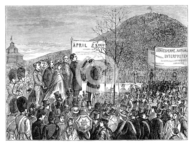 Mr Phelps planting 'Shakespeare's Oak' at Primrose Hill, London, 1864 (late 19th century). Artist: Unknown